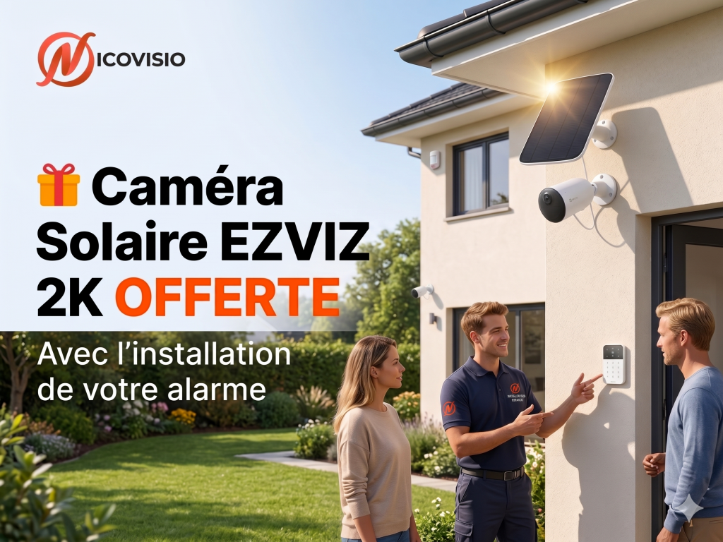 Promotional banner for EZVIZ solar-powered outdoor security cameras mounted on a home, with people discussing nearby.