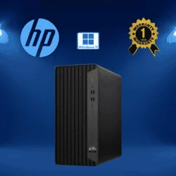 HP server tower on a blue gradient background, with Windows 11 badge and a warranty seal nearby